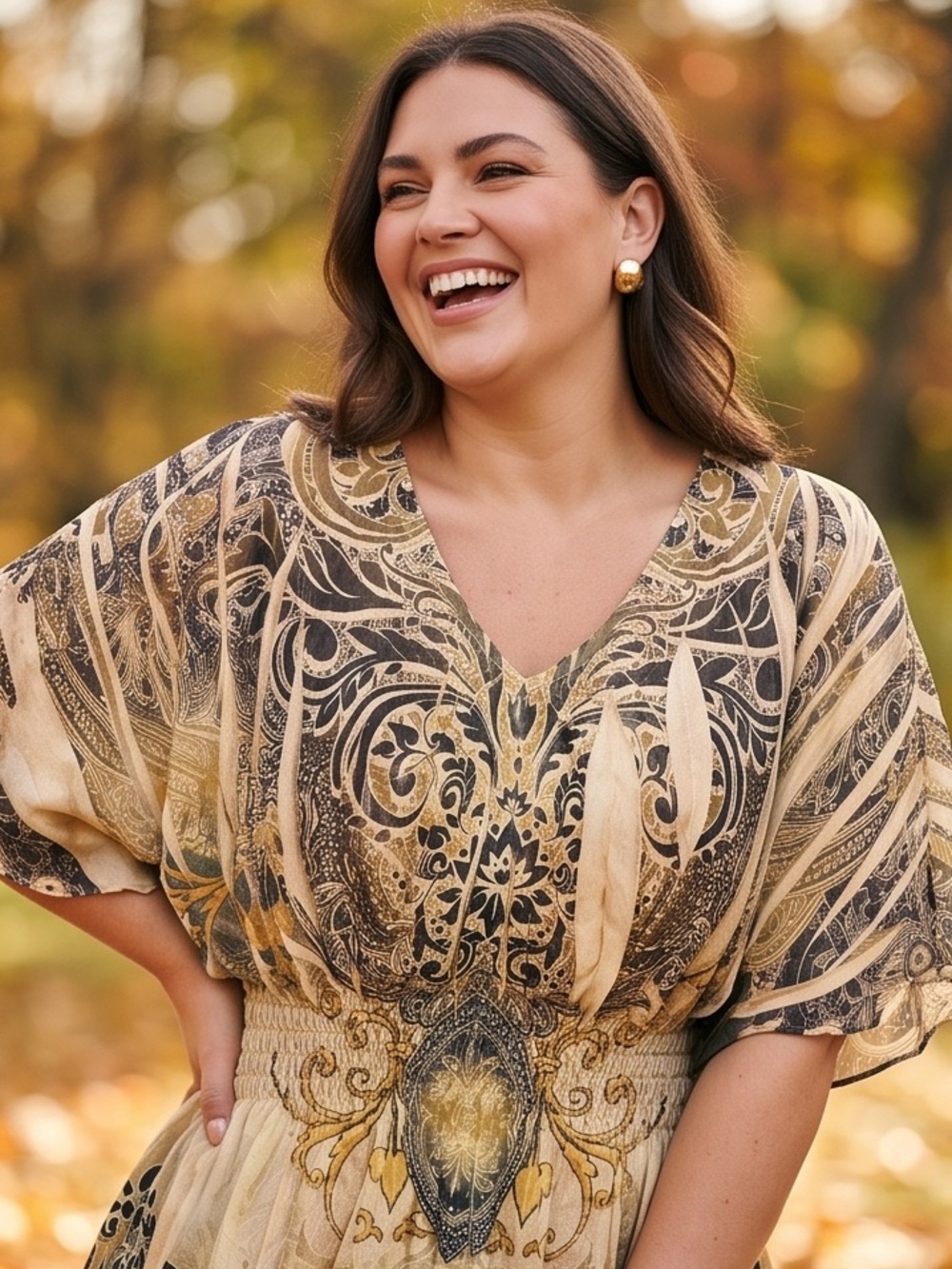 Figure Flattering Cream & Gold Blouse Paisley V-Neck Women’s Smocked Waist